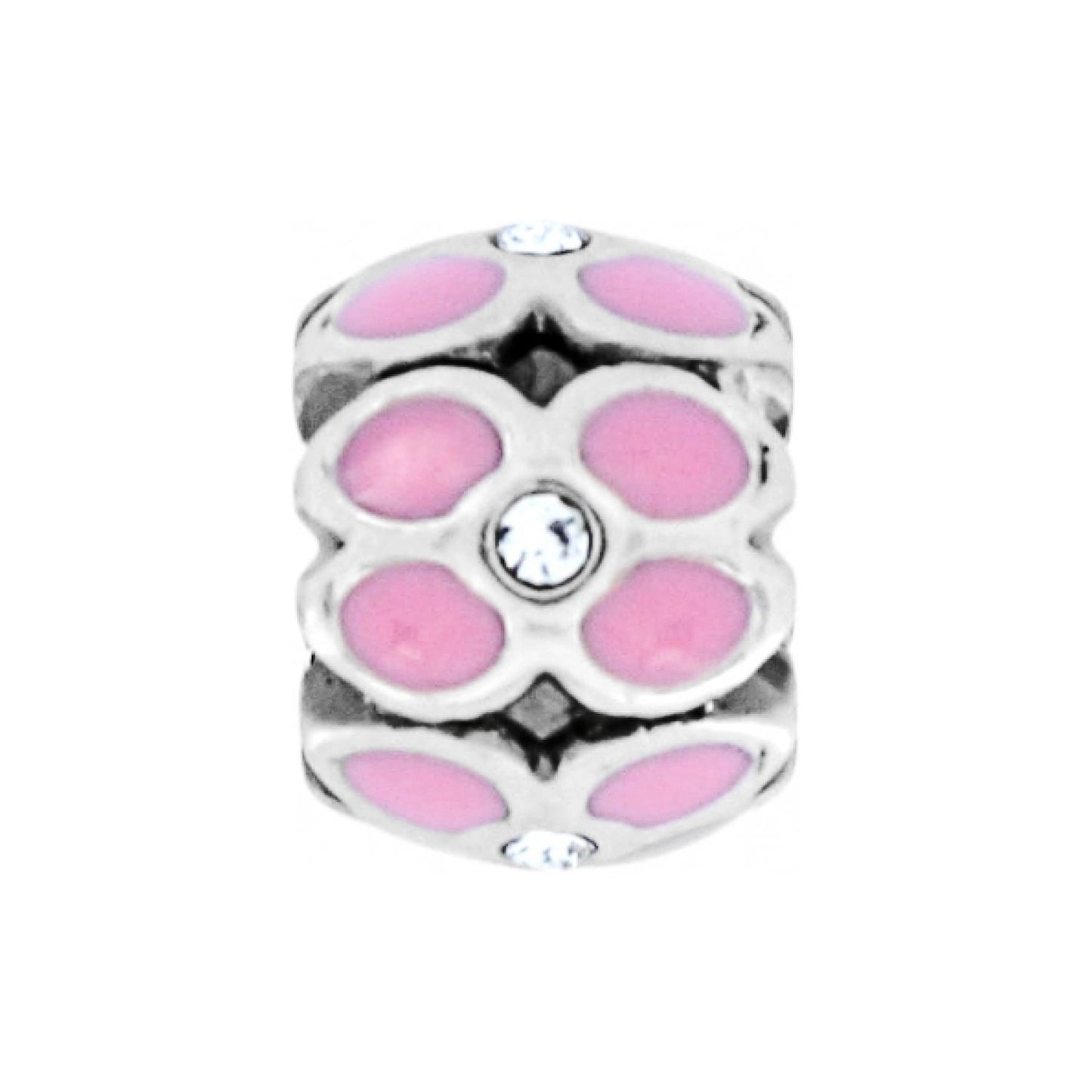 Brighton charm bead with pink enamel petals, crystal accents, and silver-plated finish on a white background
