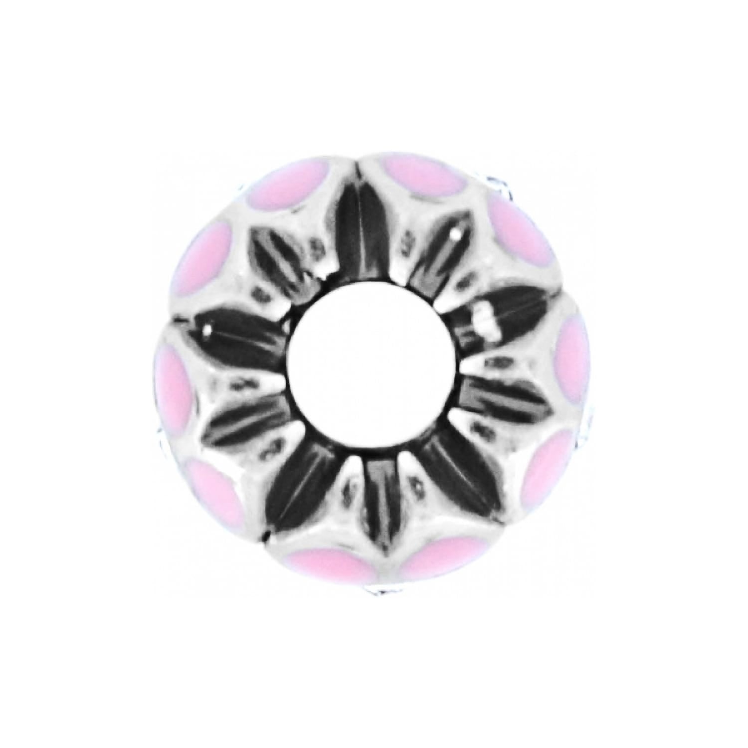 Brighton charm bead with silver-plated floral design and pink enamel dot accents on a white background
