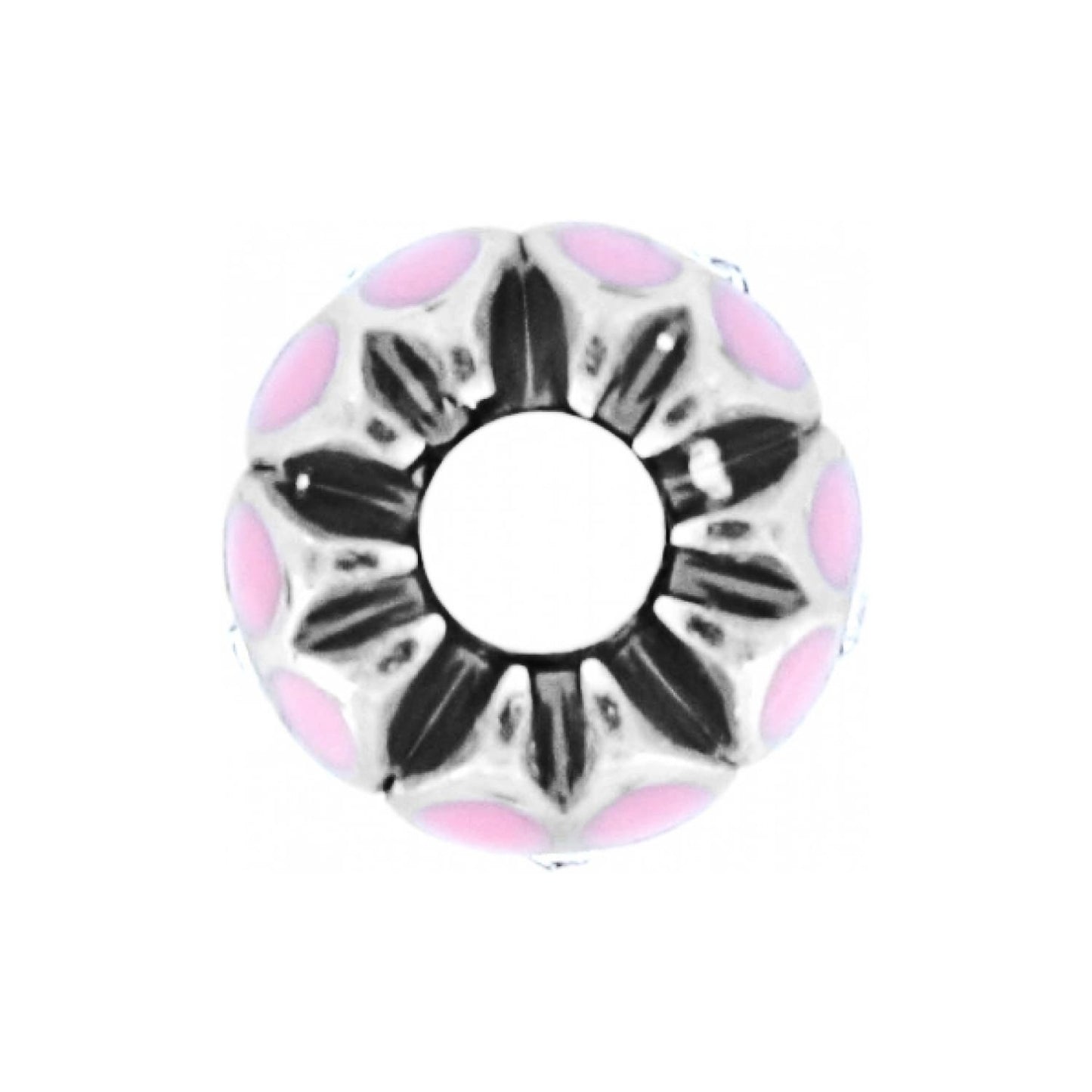 Brighton charm bead with silver-plated floral design and pink enamel dot accents on a white background