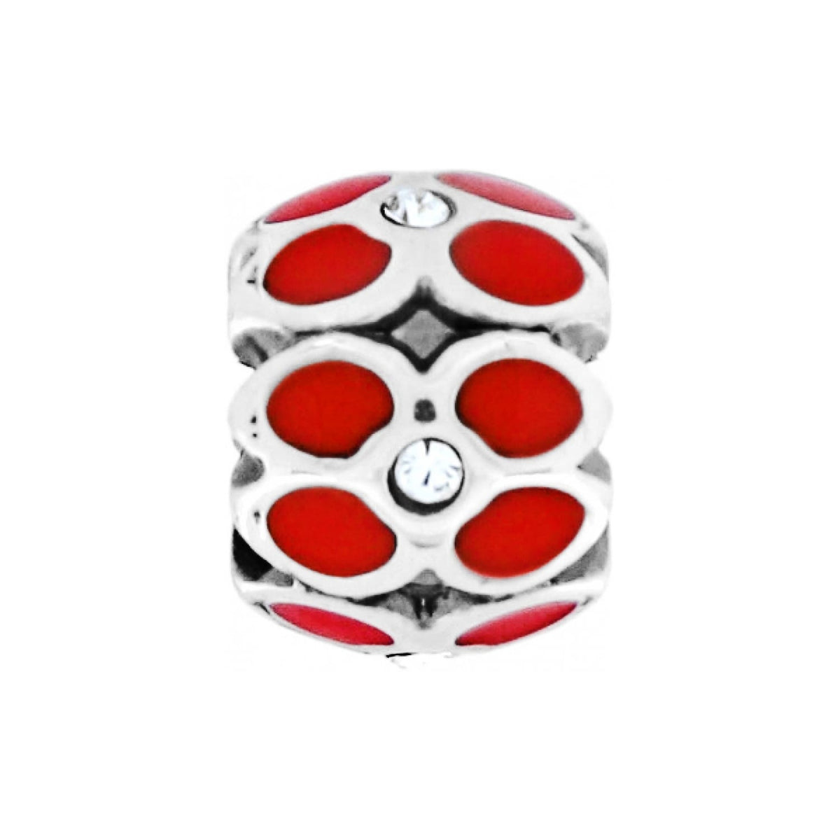 Brighton charm bead with red enamel oval accents, crystal centers, and silver-plated finish on a white background