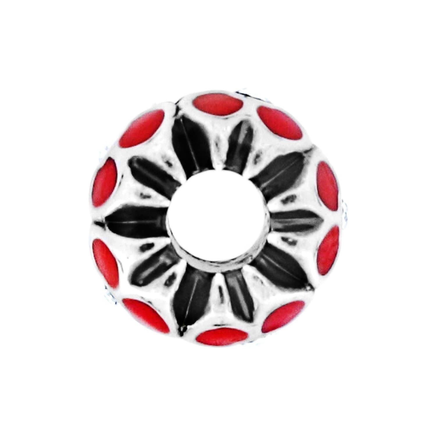 Brighton charm bead with silver-plated finish, red enamel dots, and black petal detailing on a white background