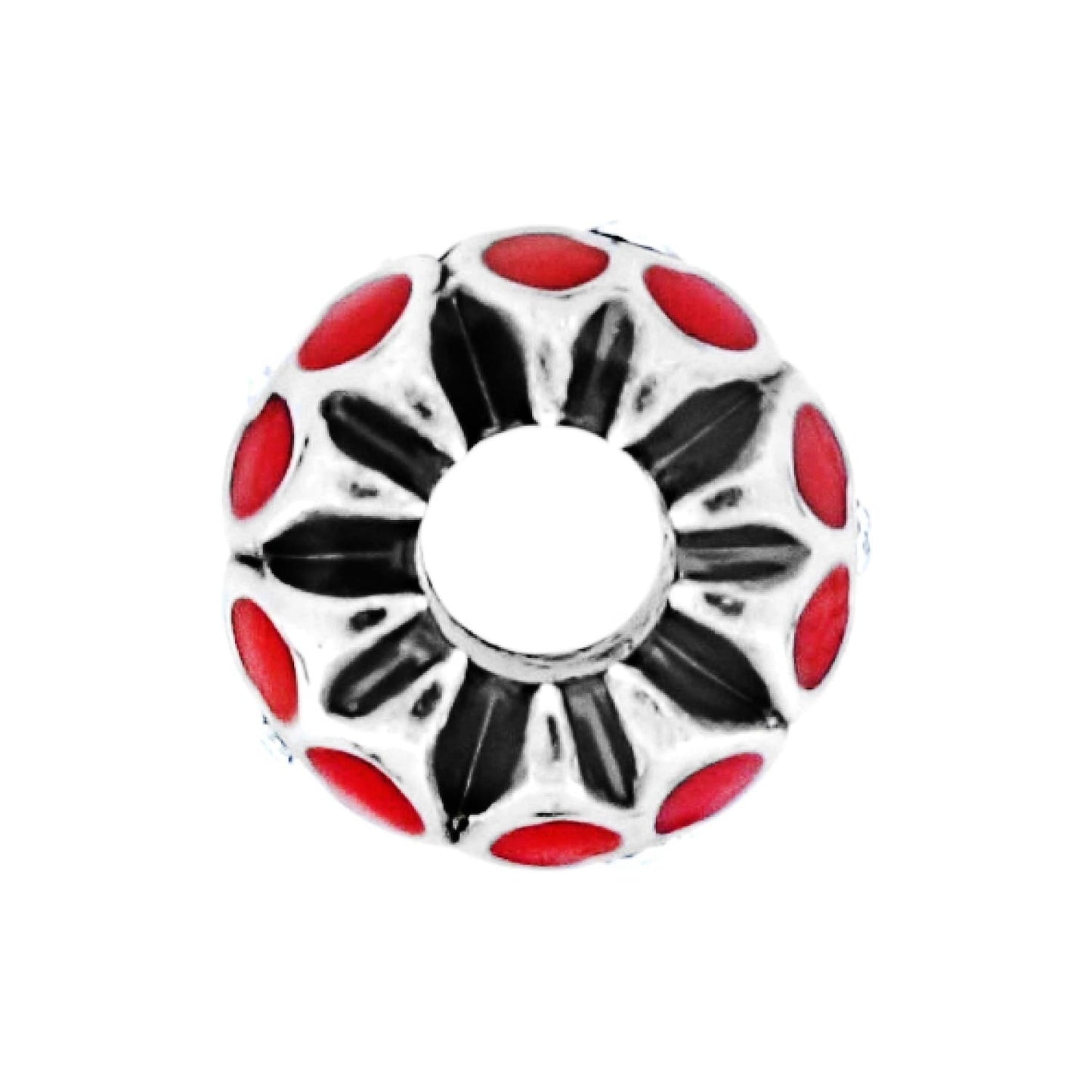 Brighton charm bead with silver-plated finish, red enamel dots, and black petal detailing on a white background