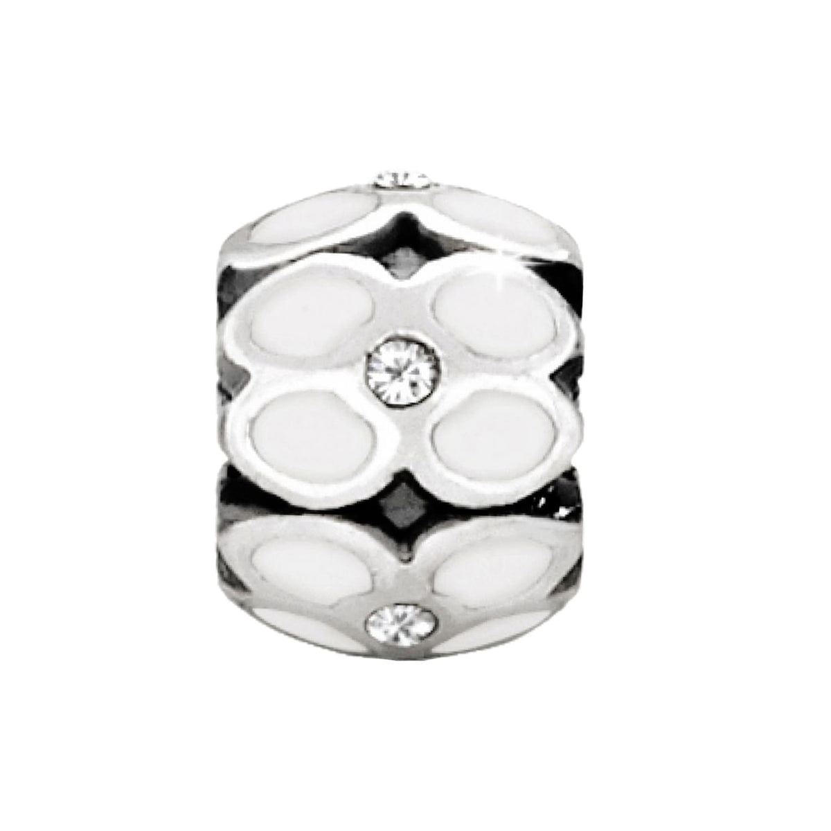 Brighton silver-plated charm bead with white enamel petal design and crystal accents on a white background