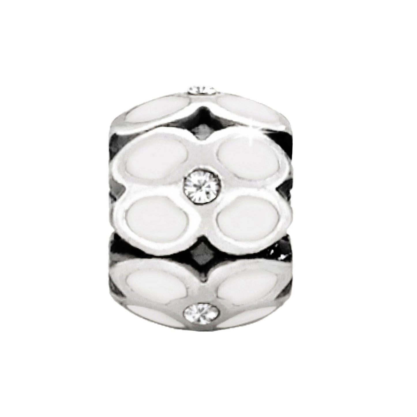 Brighton silver-plated charm bead with white enamel petal design and crystal accents on a white background