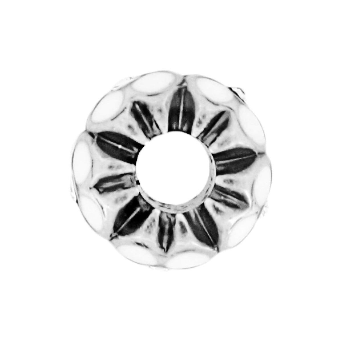 Brighton charm bead with silver-plated floral petal design and white enamel accents on a white background