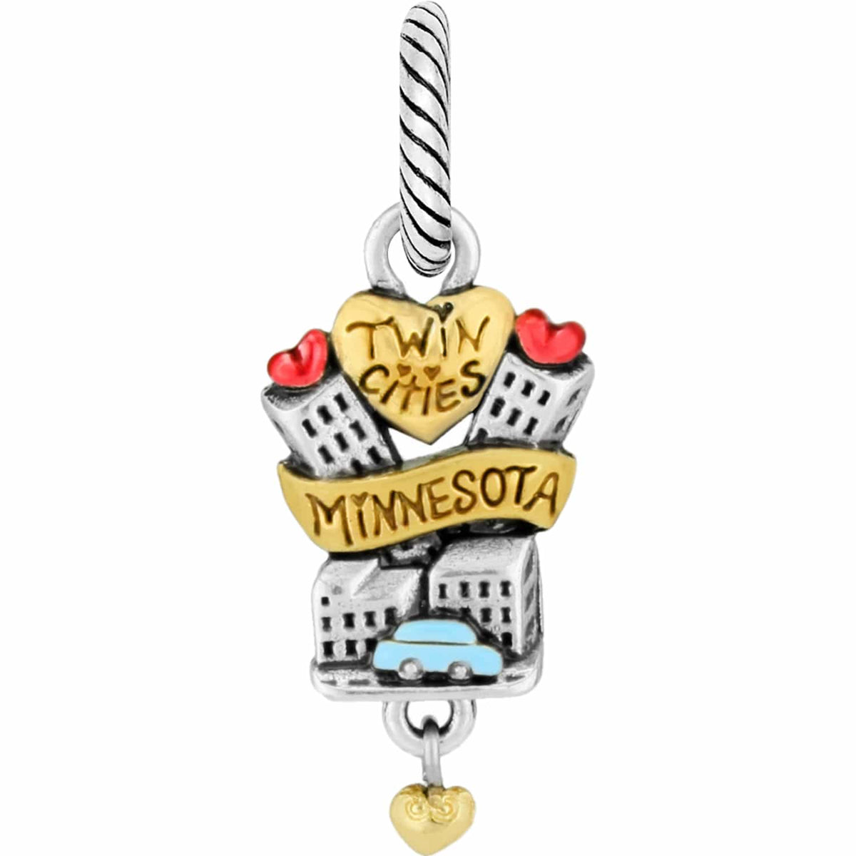Brighton charm with Twin Cities Minnesota banner, silver-tone buildings, blue car, and red hearts on a white background