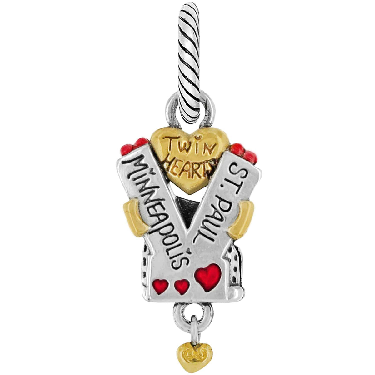Brighton charm with gold Twin Hearts heart, Minneapolis and St. Paul signs, and red hearts on a white background
