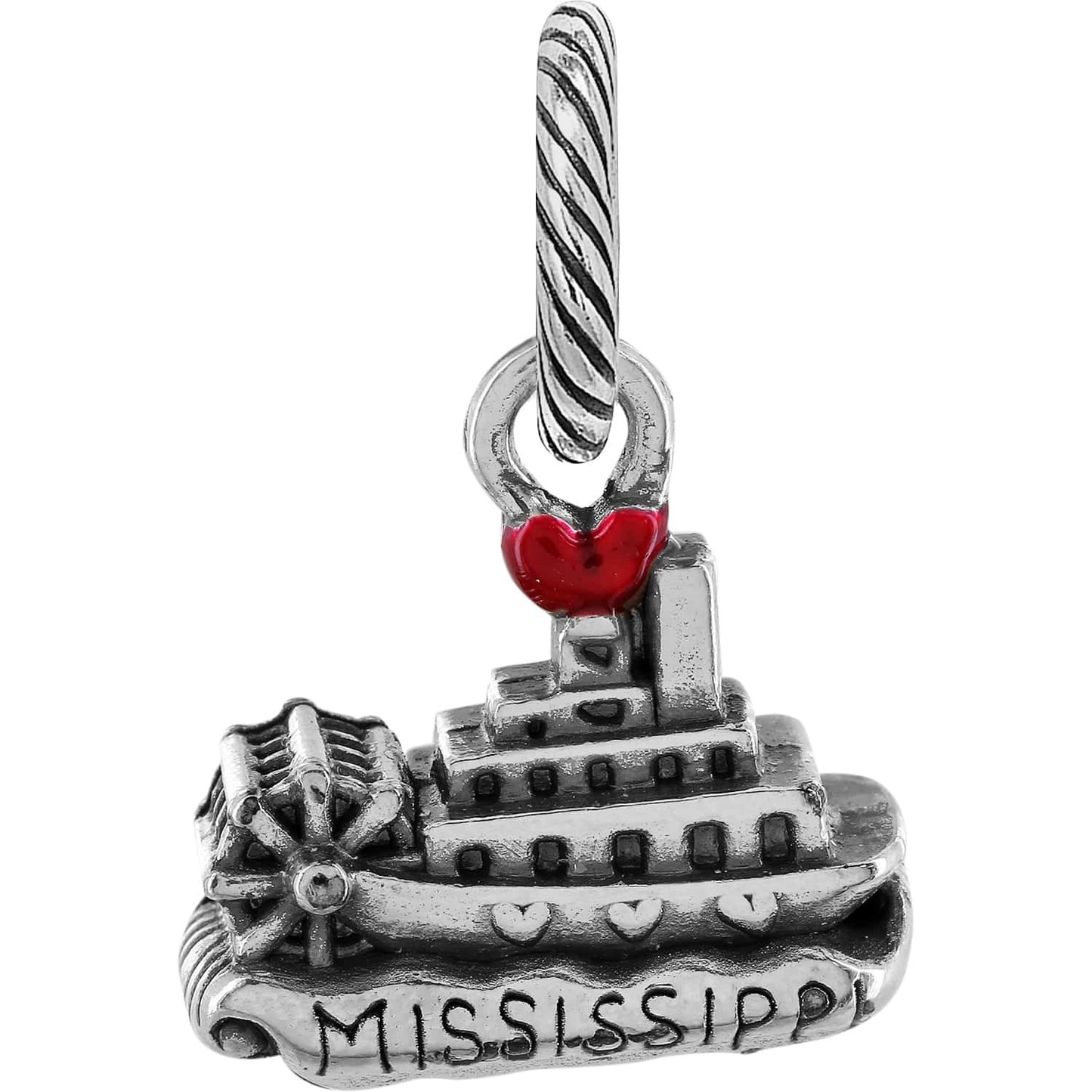 Brighton Mississippi riverboat charm with red enamel heart accent and silver-tone paddlewheel detail on a white background