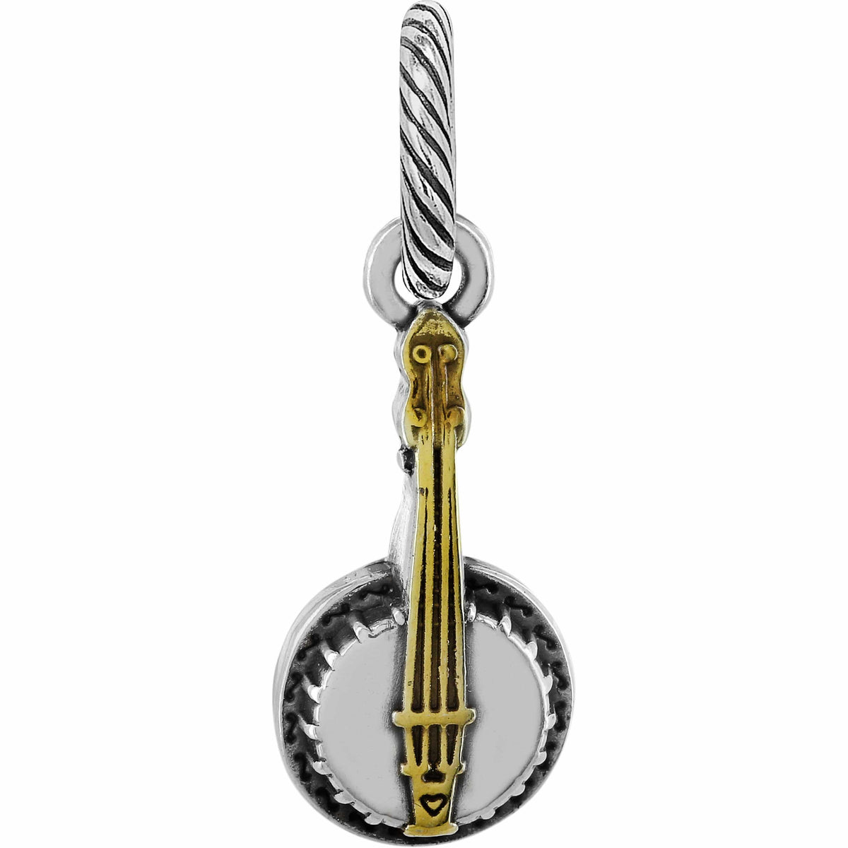 Brighton banjo charm with two-tone silver and gold finish and twisted cable bail on a white background