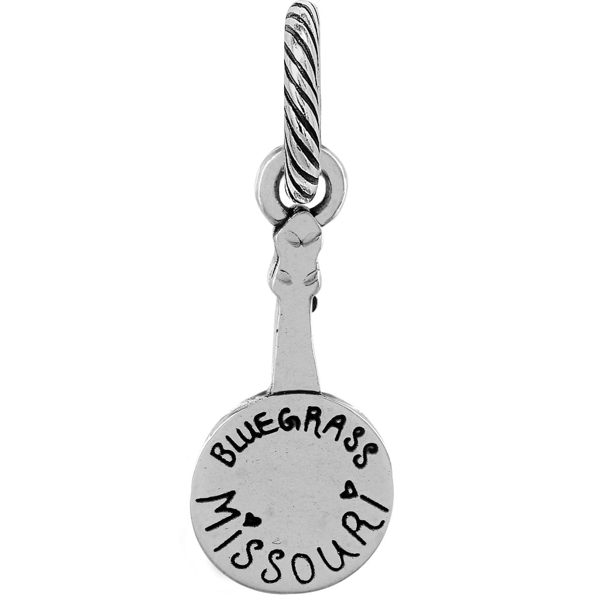 Brighton banjo charm with two-tone finish engraved Bluegrass Missouri on round base on a white background