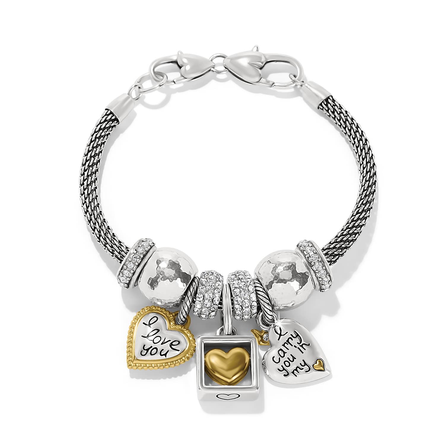 Brighton charm bracelet with silver-plated mesh chain, crystal beads, and gold-plated heart charms on a white background