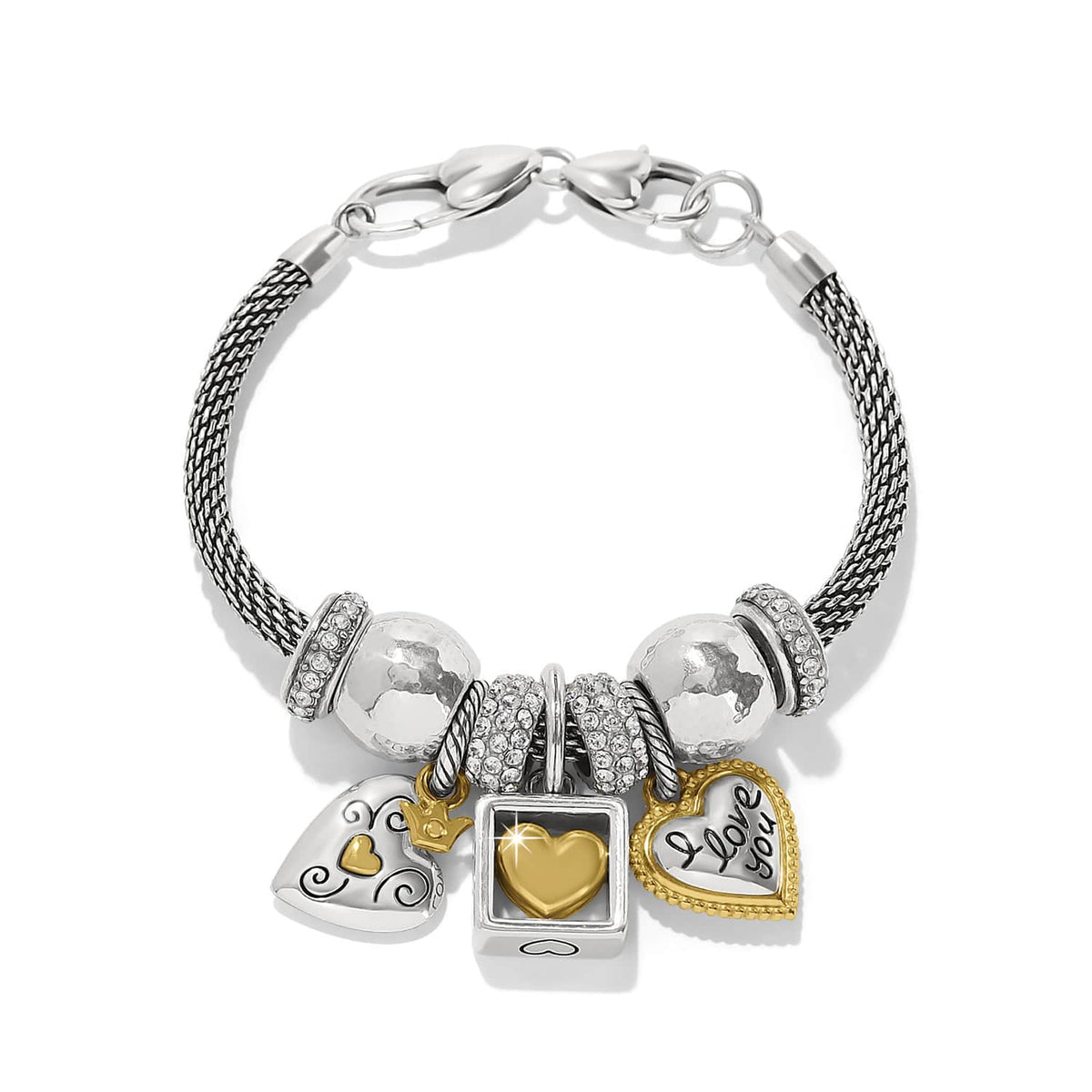 Brighton charm bracelet with silver-plated and gold-plated heart charms, crystal accents, and mesh chain on a white background