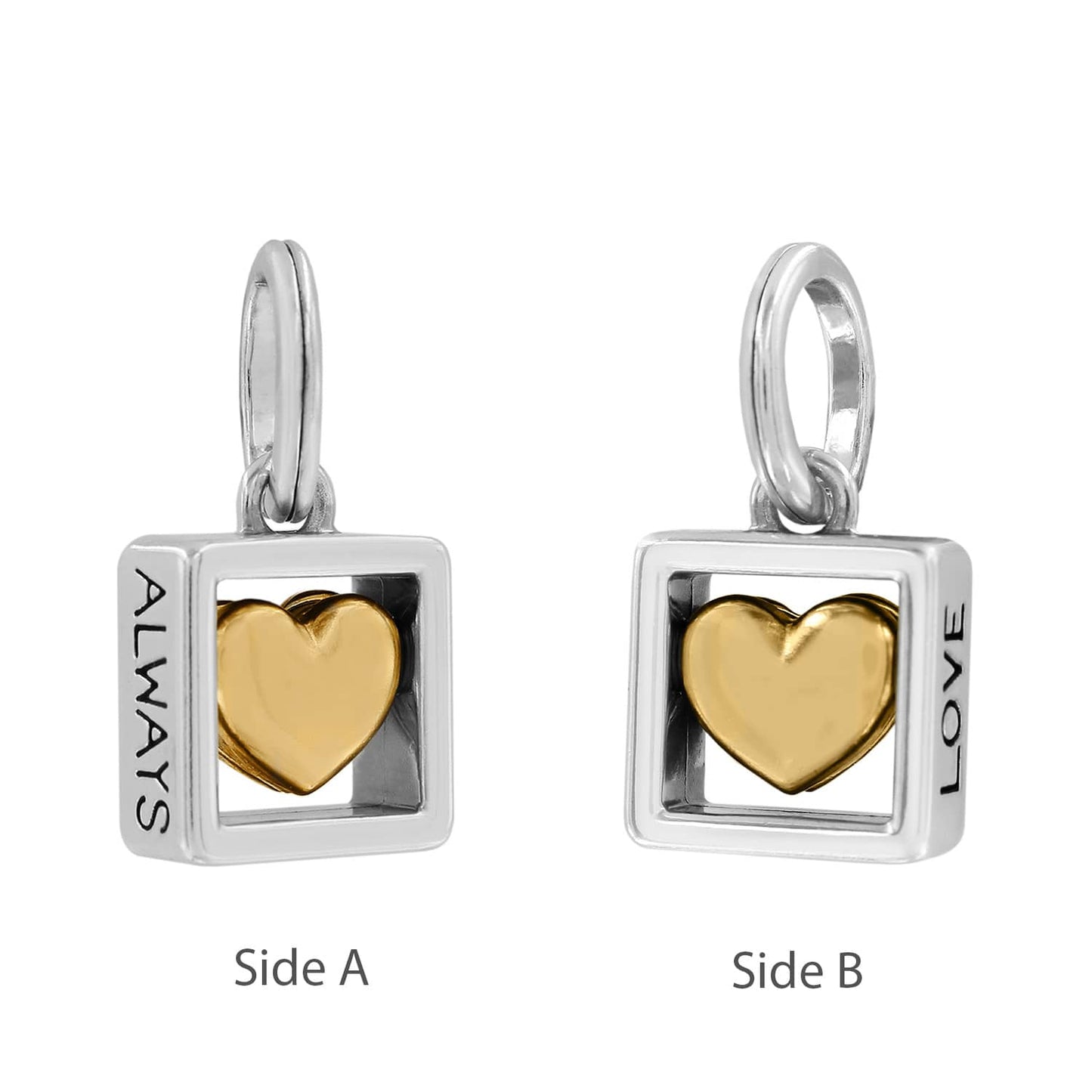Brighton charm with gold-plated heart inside silver-plated square frame engraved Always Love, shown both sides on white background