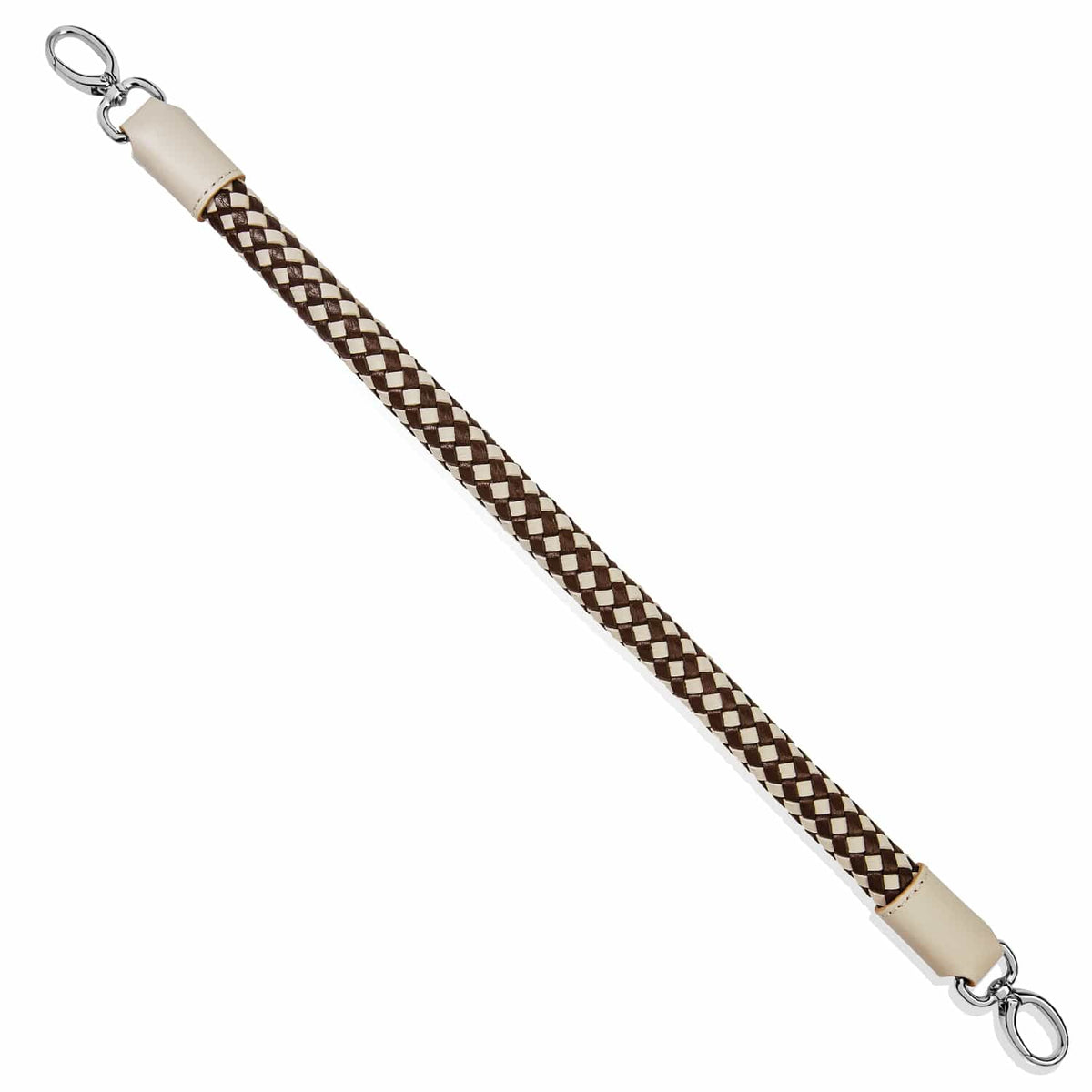 Brighton braided leather strap in brown and cream with silver-tone clasps and ivory leather ends on a white background