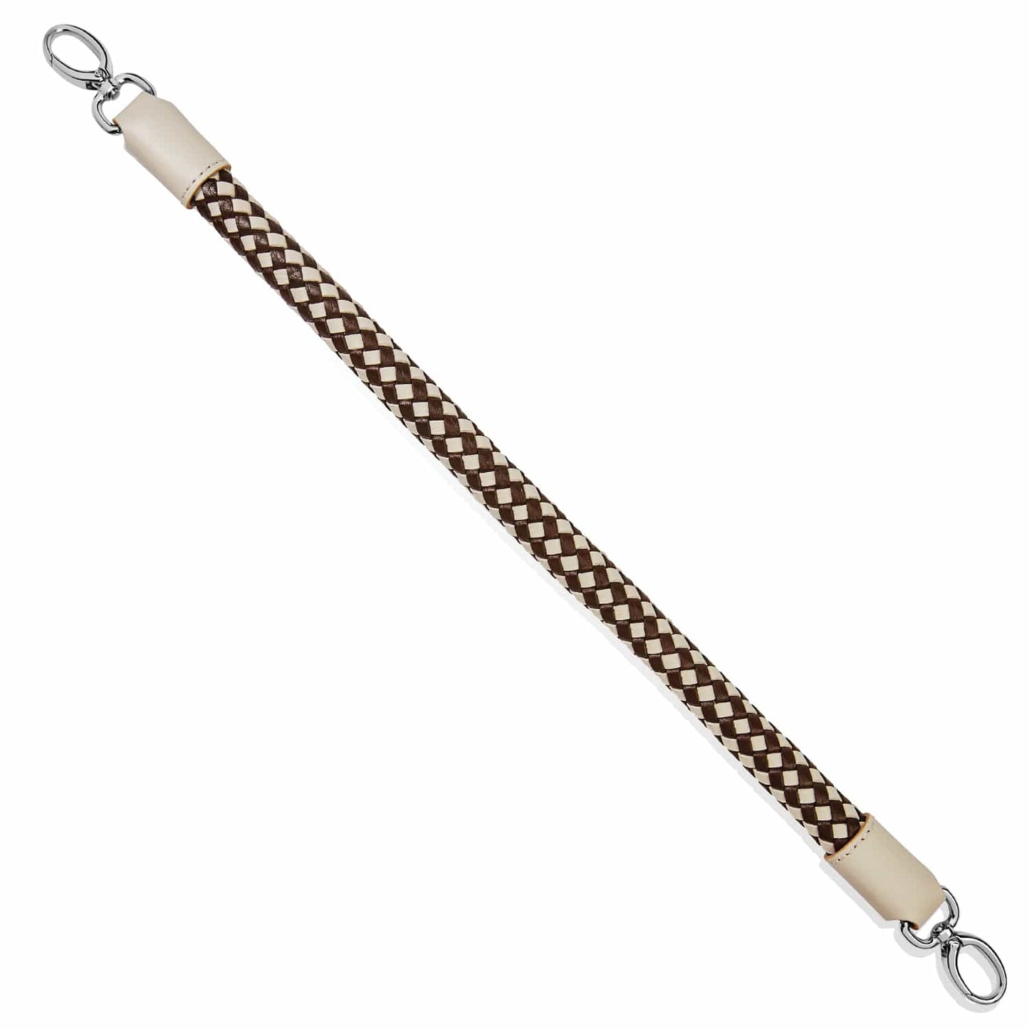 Brighton braided leather strap in brown and cream with silver-tone clasps and ivory leather ends on a white background