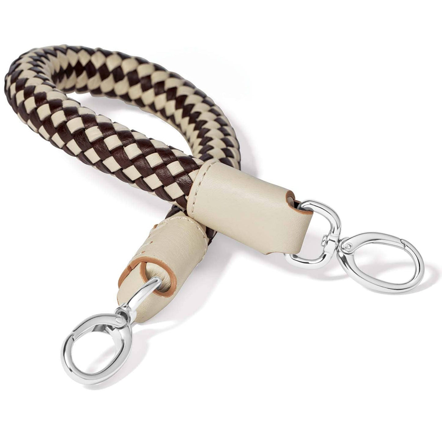 Brighton wristlet strap with braided brown and cream leather and silver-tone clip closures on a white background