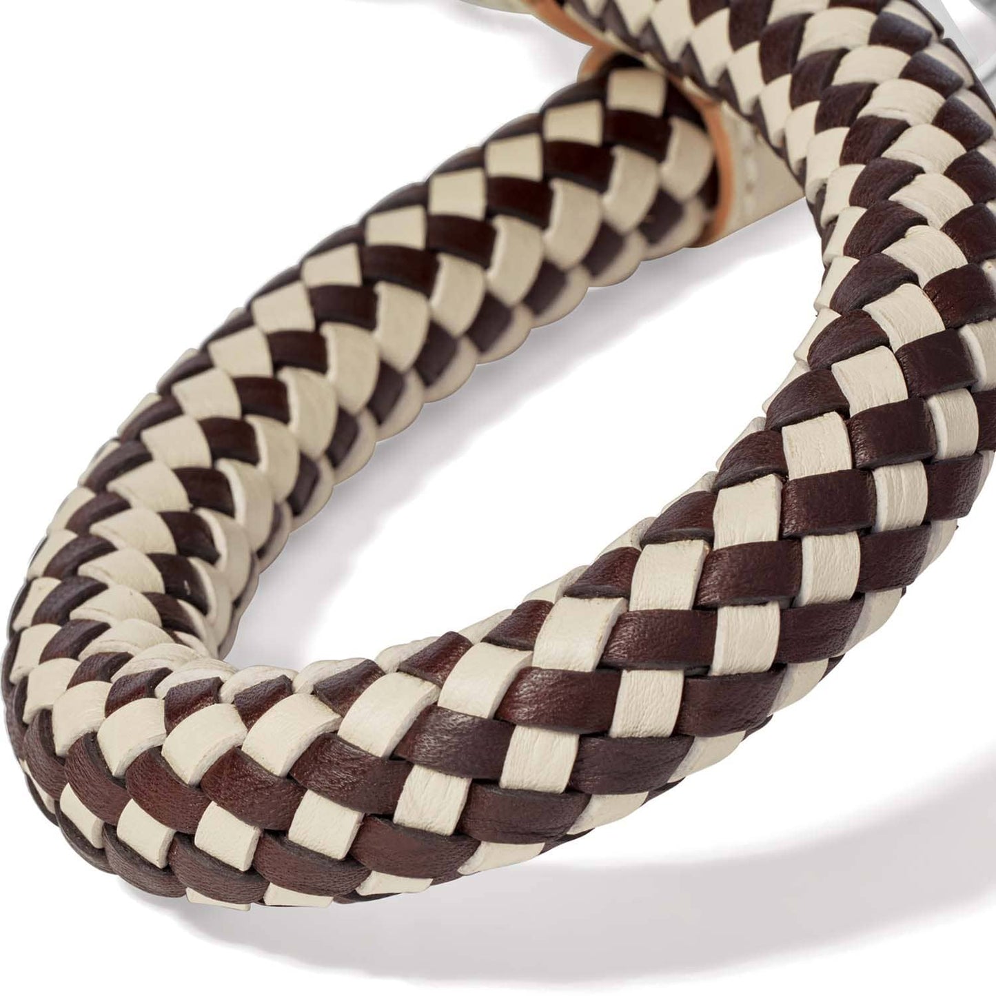 Close-up of Brighton belt with braided brown and cream leather in a woven checkered pattern