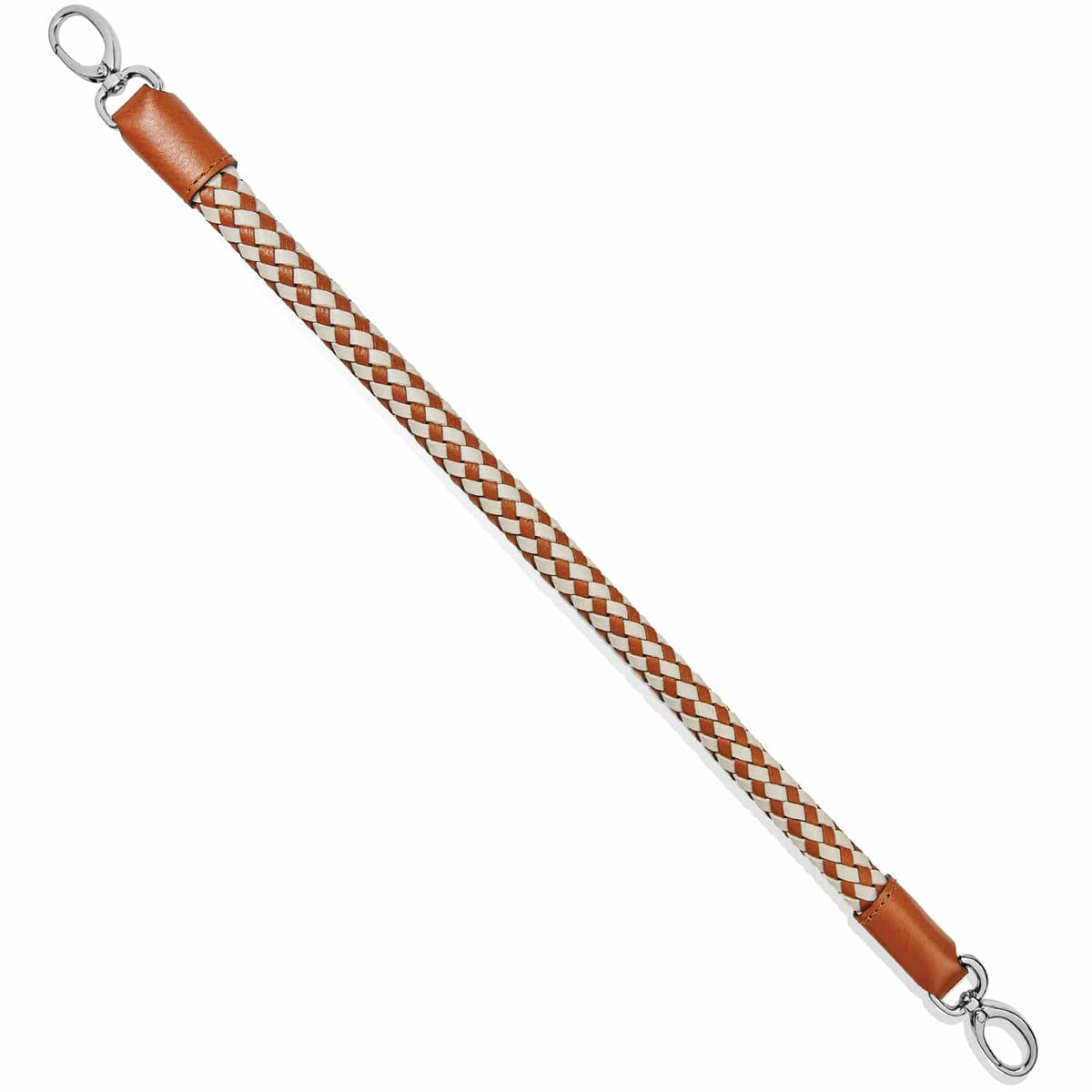 Brighton braided leather strap in tan and cream with silver-tone clip clasps at both ends on a white background