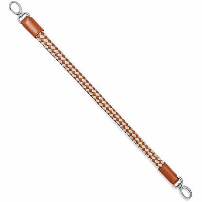 Brighton braided leather strap in tan and cream with silver-tone clip clasps at both ends on a white background