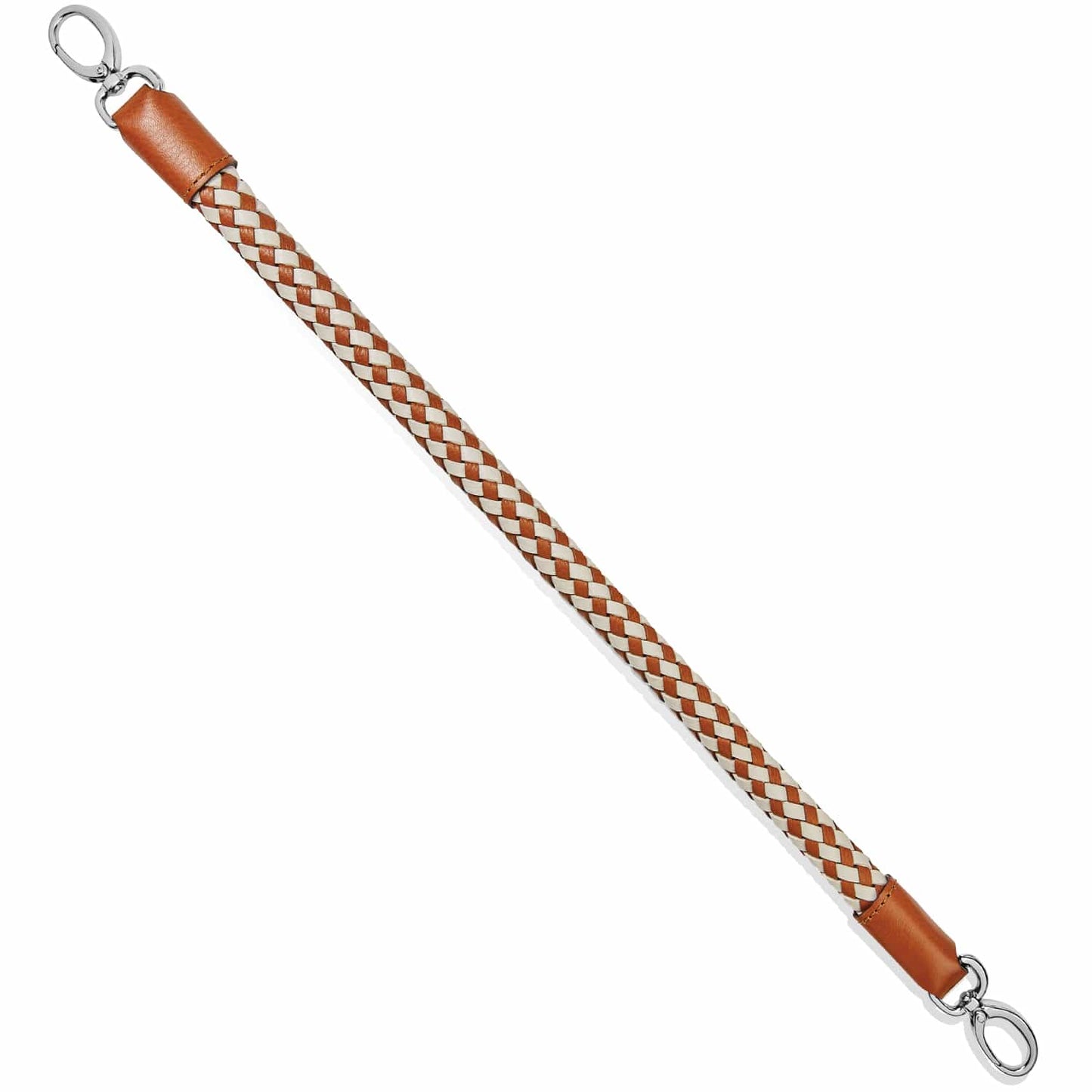 Brighton braided leather strap in tan and cream with silver-tone clip clasps at both ends on a white background