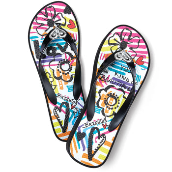Brighton rubber flip-flop sandals with colorful graphic doodle print, black straps, and silver-tone heart ornaments on a white background