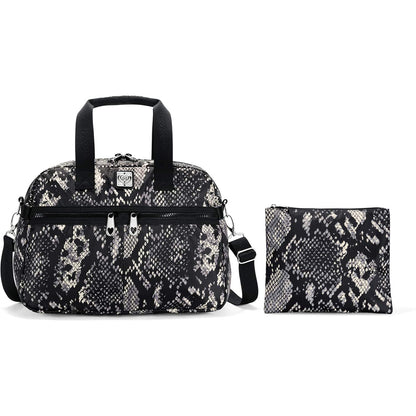 Brighton travel handbag with snakeskin print, black handles, front zip pockets, and matching pouch on a white background