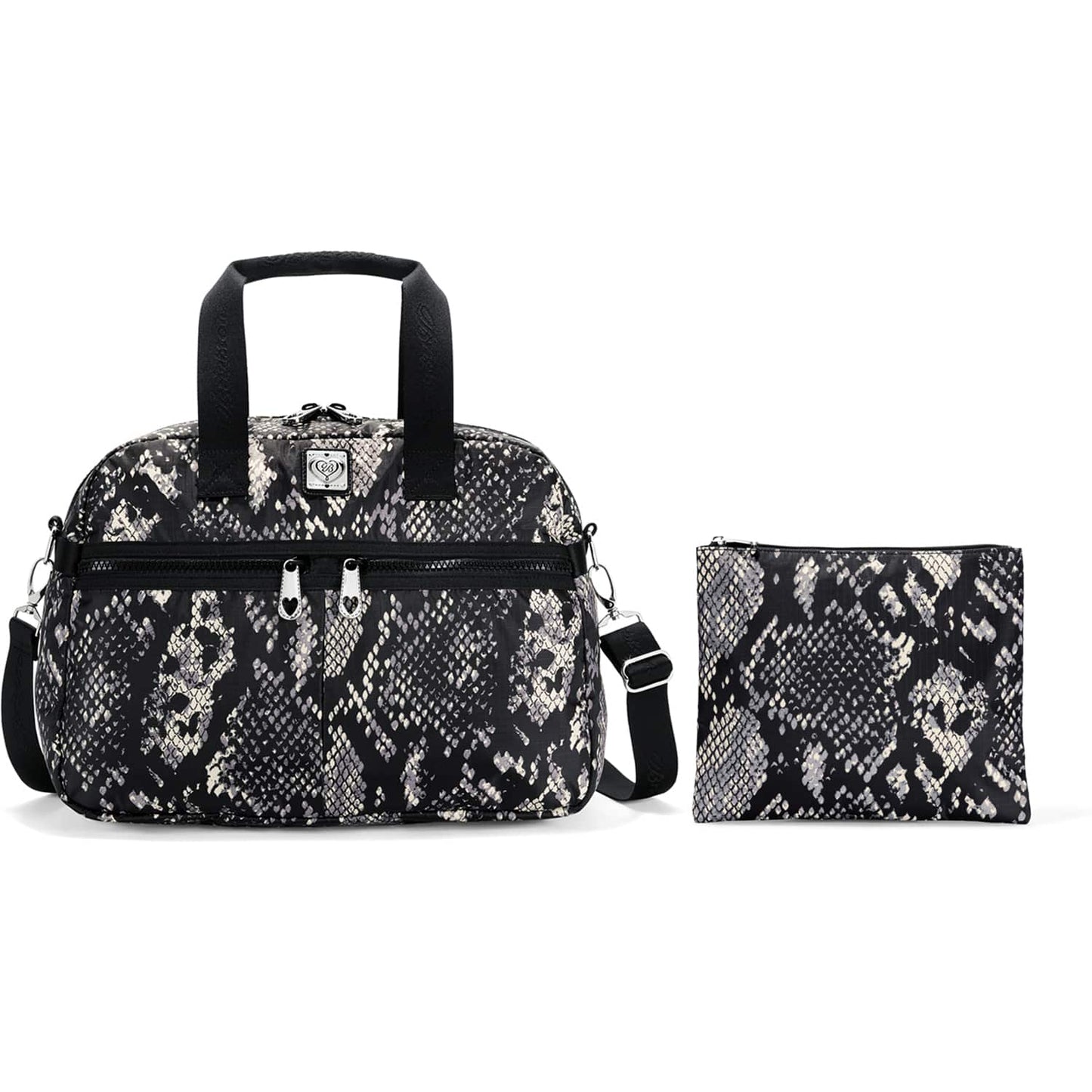 Brighton travel handbag with snakeskin print, black handles, front zip pockets, and matching pouch on a white background