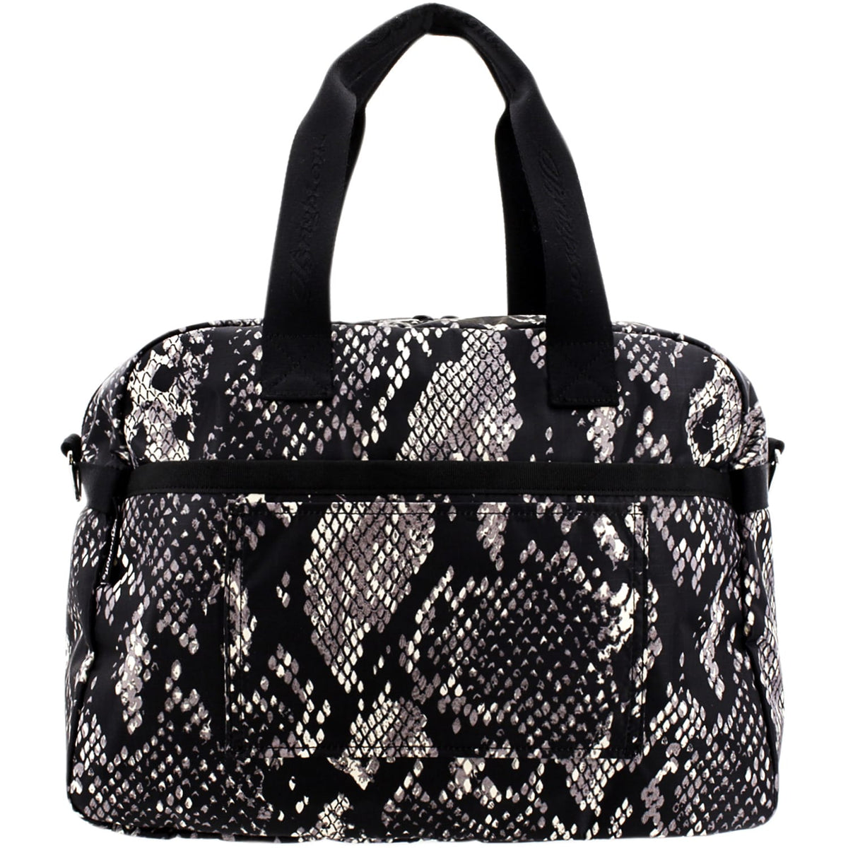 Brighton handbag with black and white snakeskin print, black dual top handles, and front zip pocket on a white background