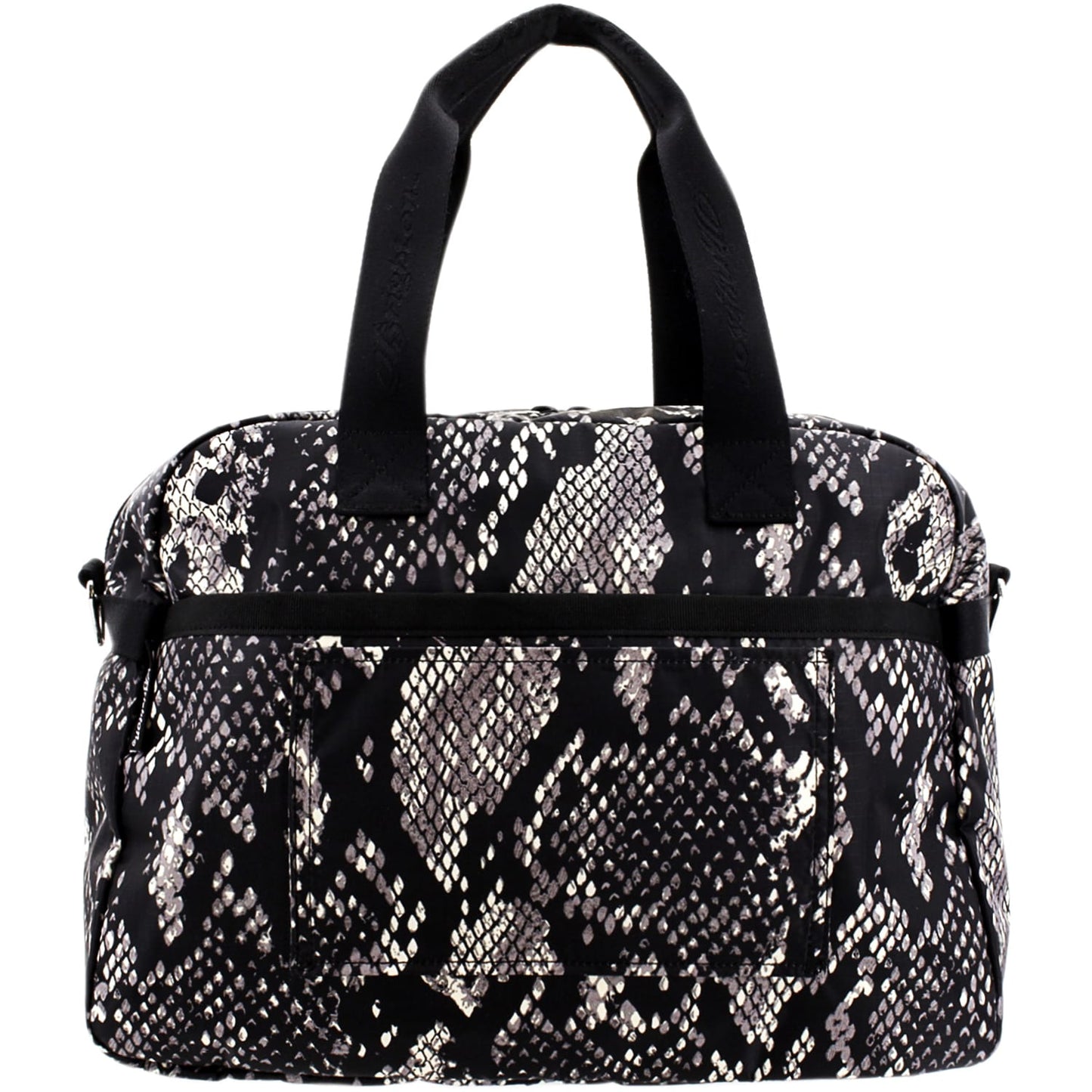 Brighton handbag with black and white snakeskin print, black dual top handles, and front zip pocket on a white background