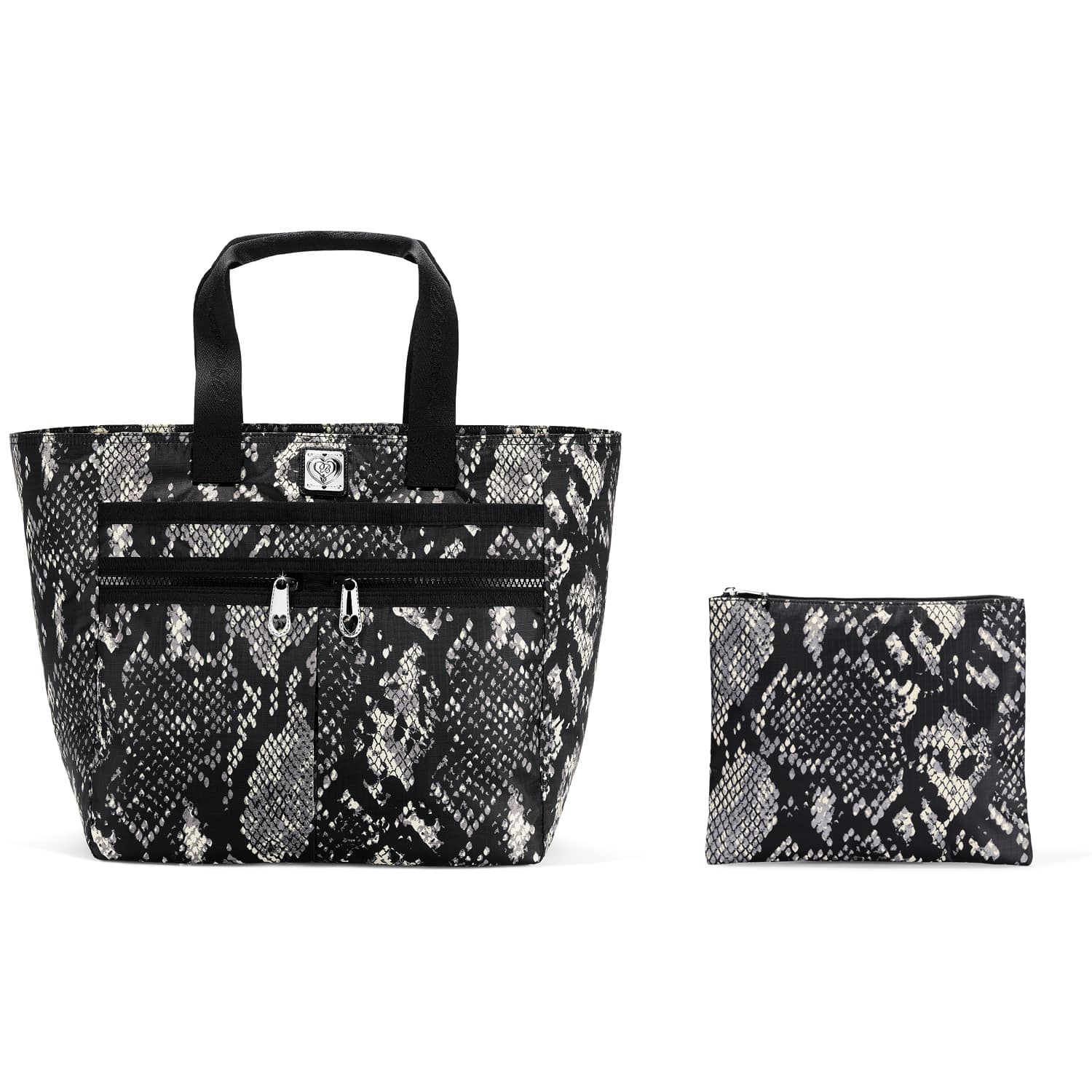 Brighton tote handbag with black snakeskin print, front zip pockets, and matching pouch on a white background