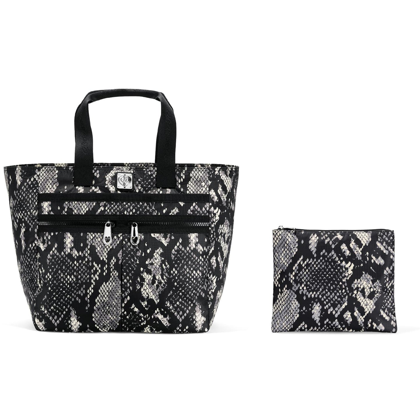 Brighton tote handbag with black snakeskin print, front zip pockets, and matching pouch on a white background