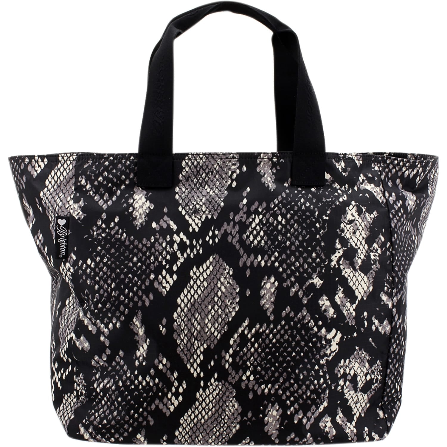 Brighton tote handbag with black and ivory snakeskin print and black canvas handles on a white background