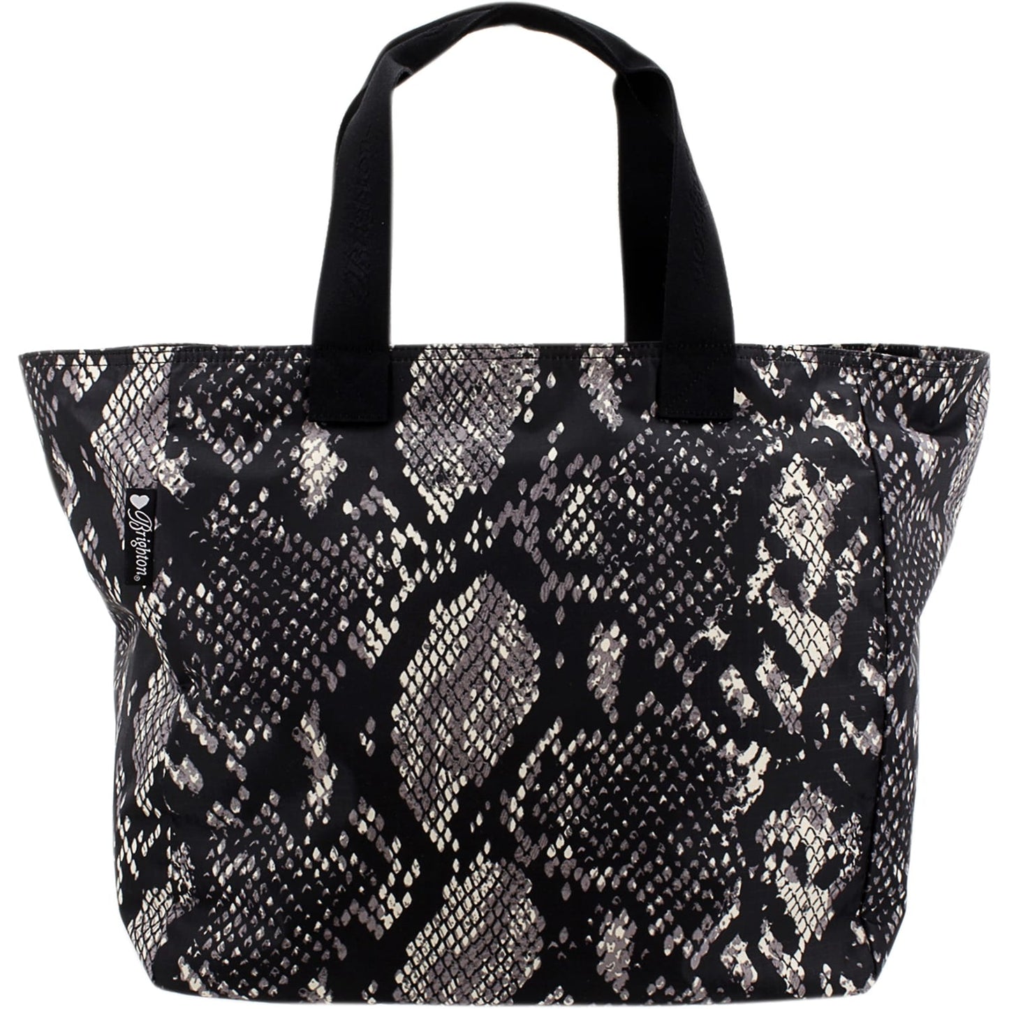 Brighton tote handbag with black and ivory snakeskin print and black canvas handles on a white background