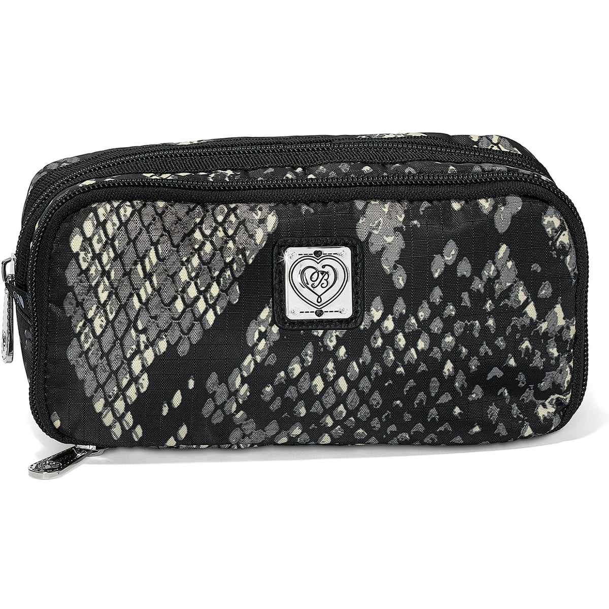 Brighton pouch with black and cream snakeskin print, double zipper closure, and silver-tone heart logo plaque on a white background