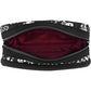 Brighton pouch shown open with burgundy interior lining, black and white print exterior, and dual zippers on a white background