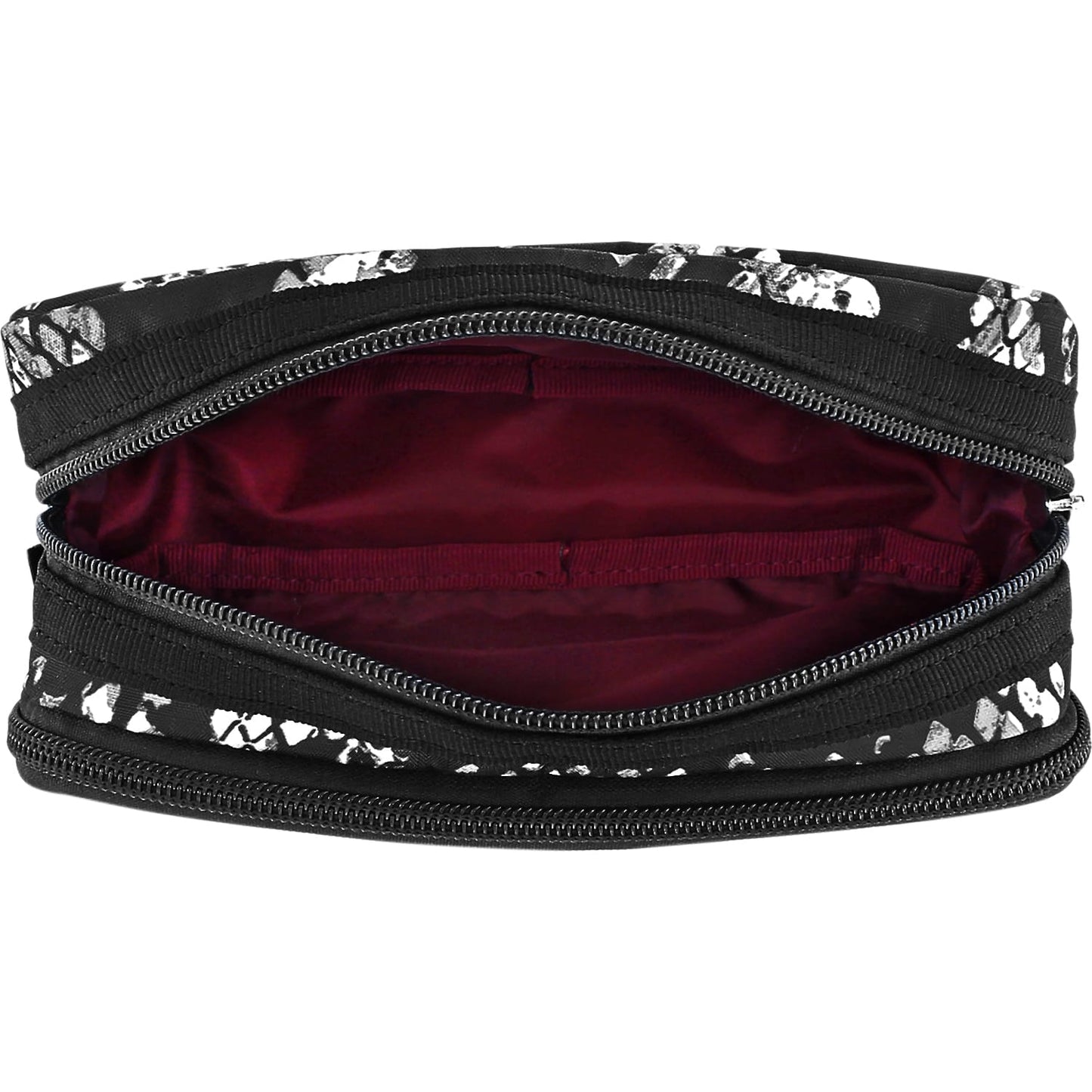 Brighton pouch shown open with burgundy interior lining, black and white print exterior, and dual zippers on a white background