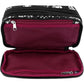 Brighton cosmetic case shown open with magenta mesh pockets and black floral print exterior on a white background
