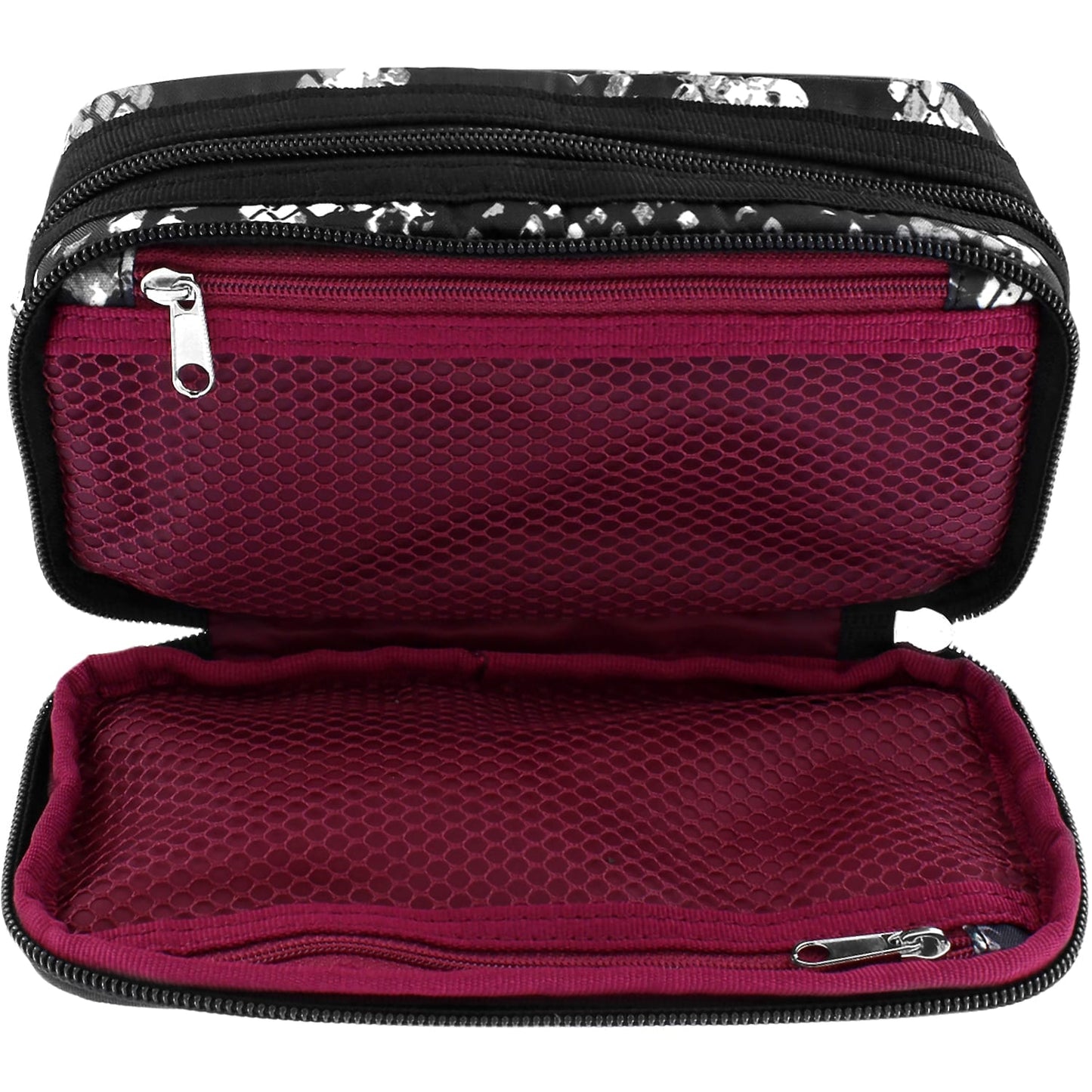 Brighton cosmetic case shown open with magenta mesh pockets and black floral print exterior on a white background