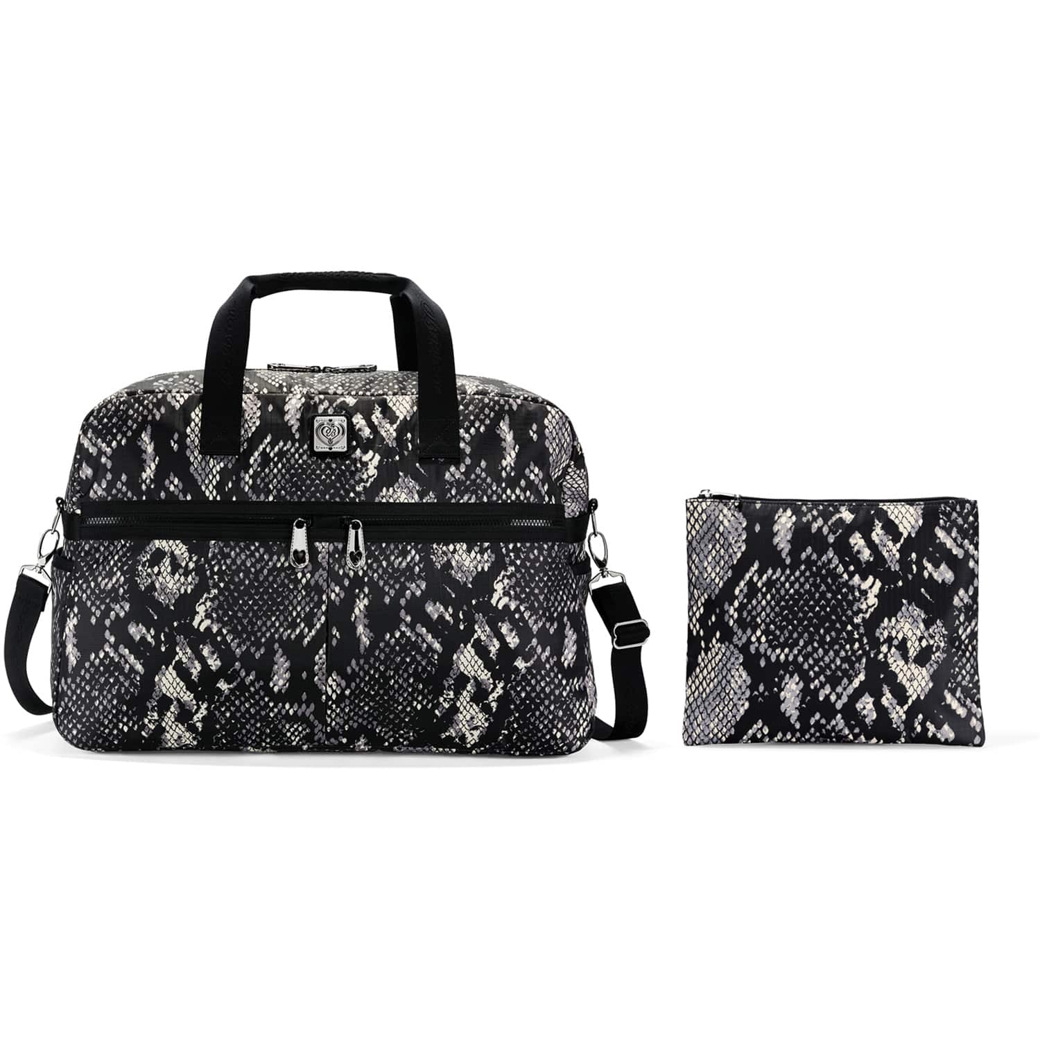 Brighton duffle bag with black and white snakeskin print and matching zip pouch on a white background