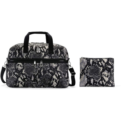 Brighton duffle bag with black and white snakeskin print and matching zip pouch on a white background