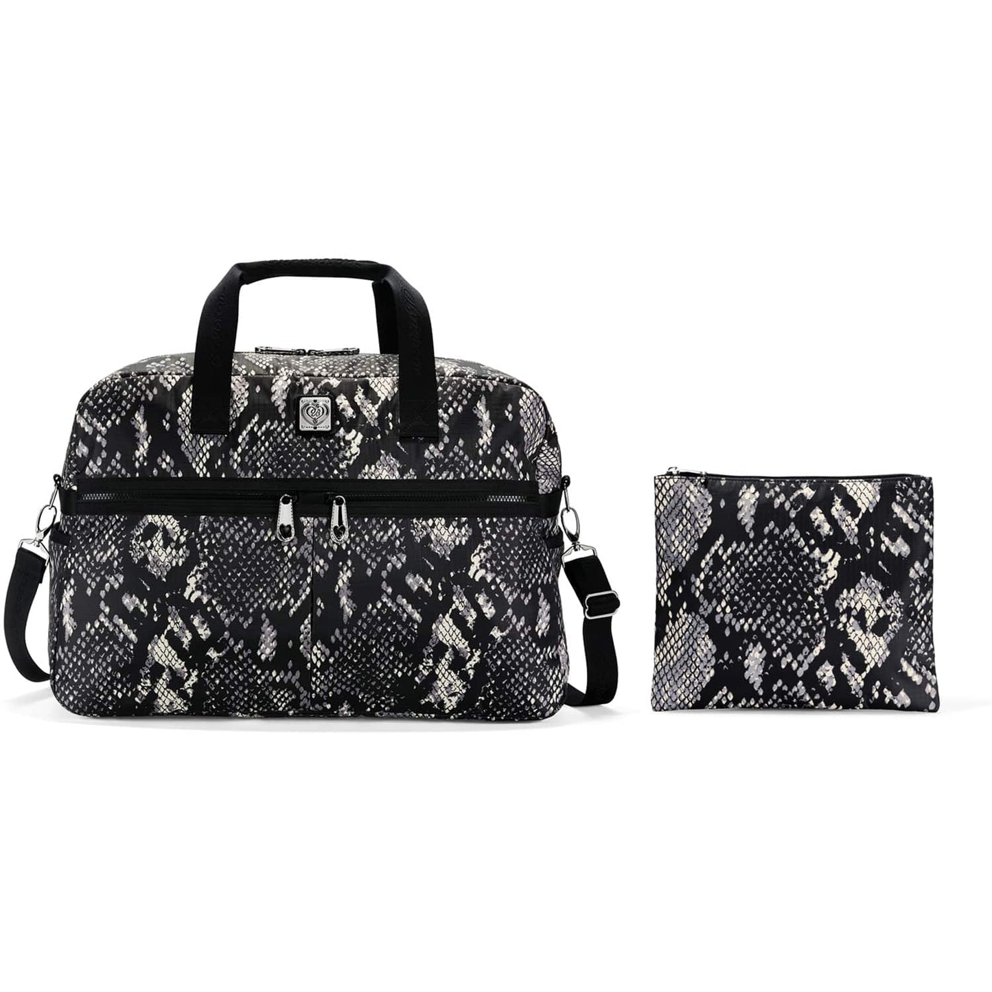 Brighton duffle bag with black and white snakeskin print and matching zip pouch on a white background