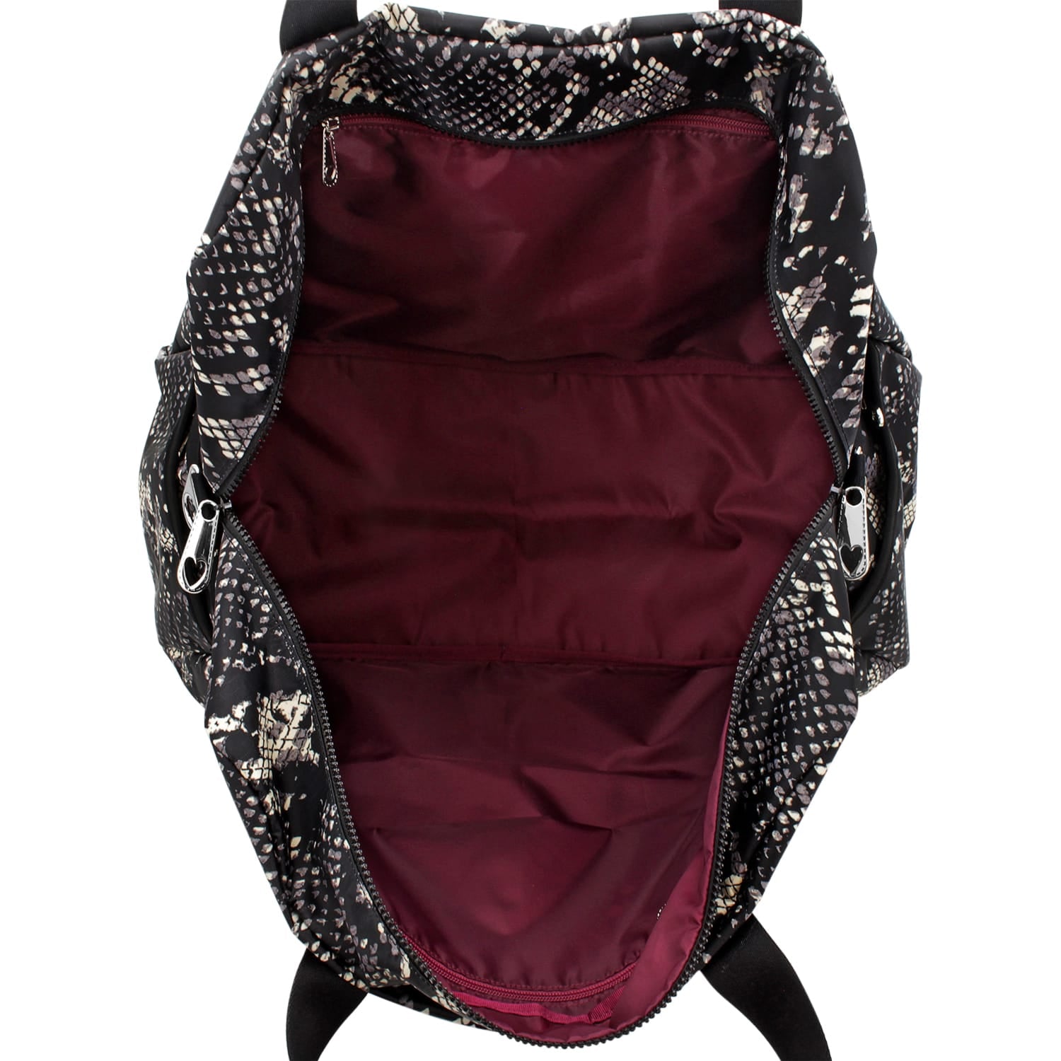 Close-up of Brighton handbag interior view with burgundy lining, zippered pocket, and snakeskin print exterior