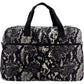 Brighton travel duffel bag with black and ivory snakeskin print, black handles, and front zip pocket on a white background