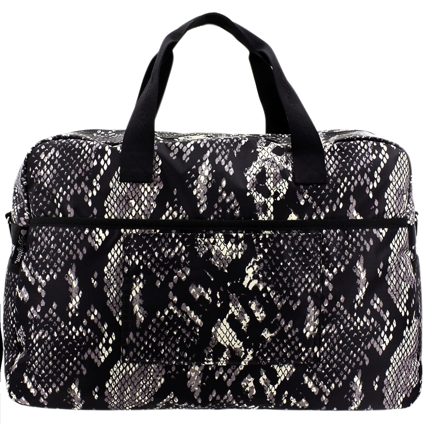 Brighton travel duffel bag with black and ivory snakeskin print, black handles, and front zip pocket on a white background
