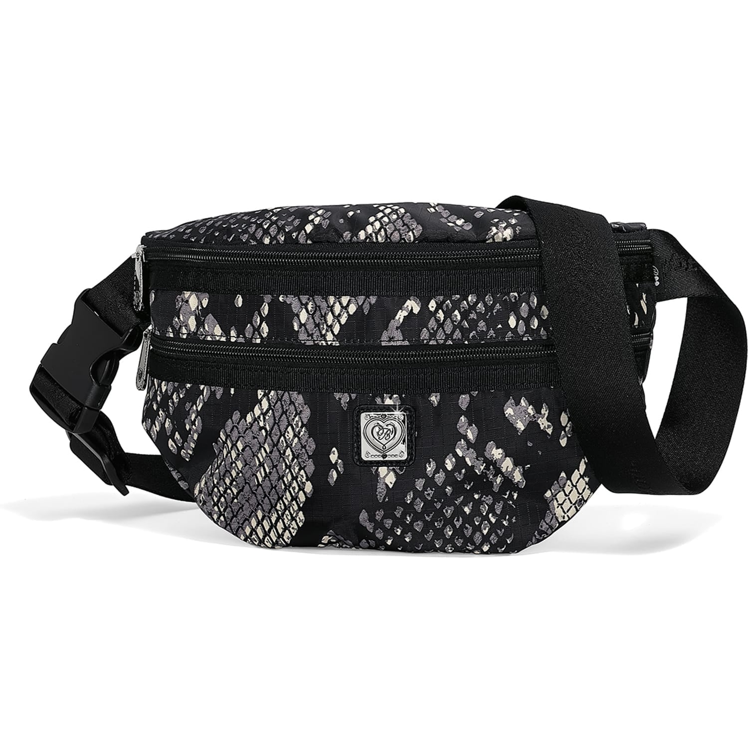 Brighton belt bag with black and cream snakeskin print, dual zip pockets, and adjustable strap on a white background