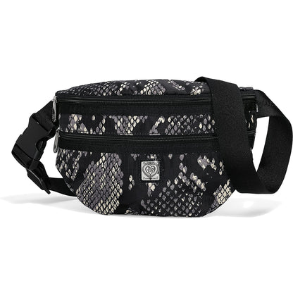 Brighton belt bag with black and cream snakeskin print, dual zip pockets, and adjustable strap on a white background
