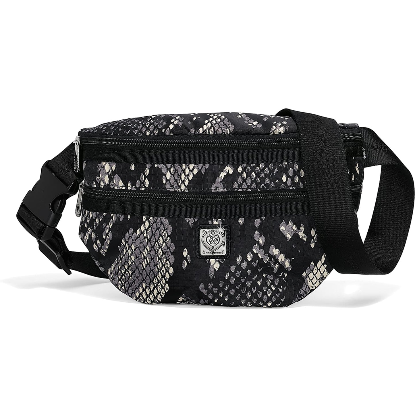 Brighton belt bag with black and cream snakeskin print, dual zip pockets, and adjustable strap on a white background