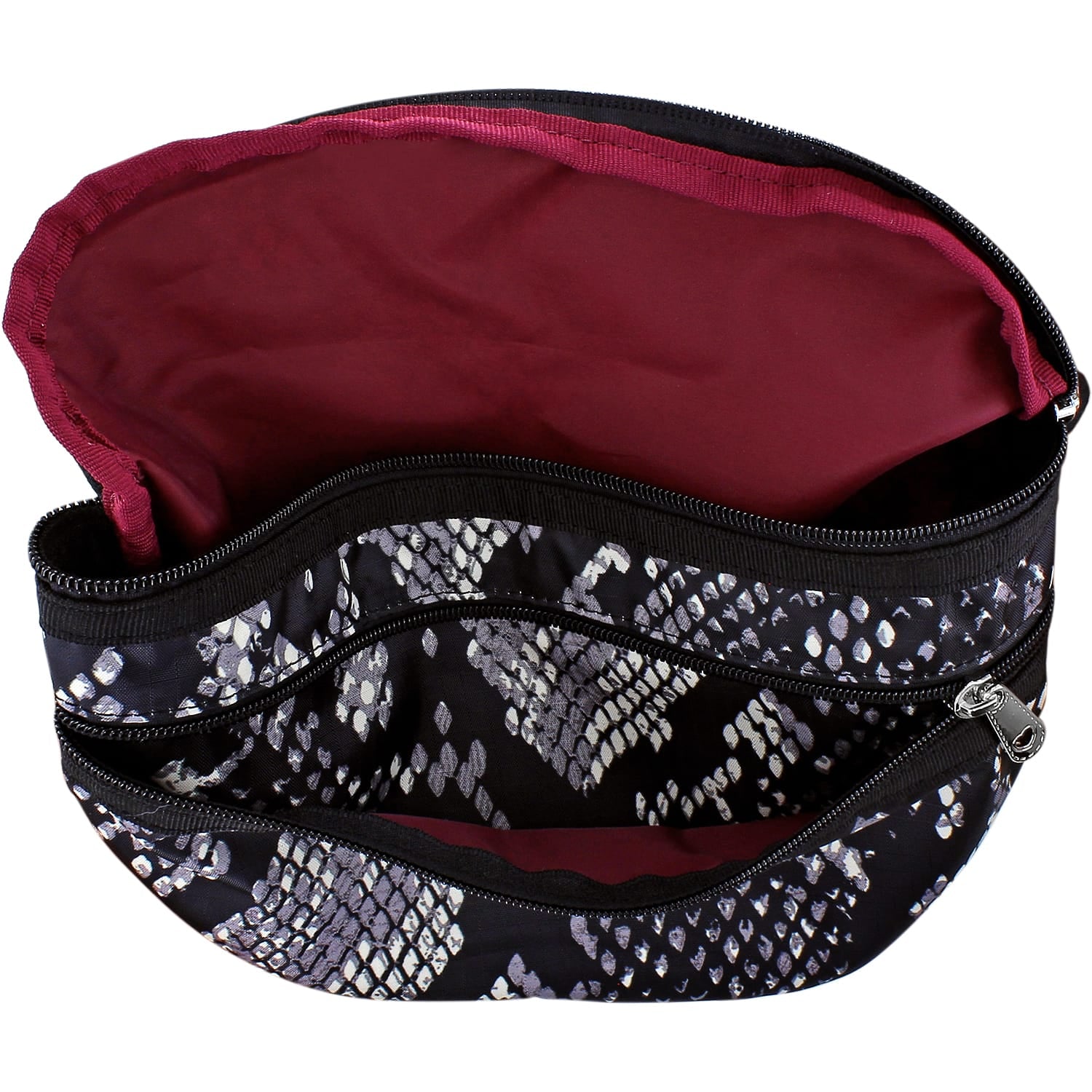 Brighton cosmetic bag shown open with burgundy interior lining and black snakeskin print exterior on a white background
