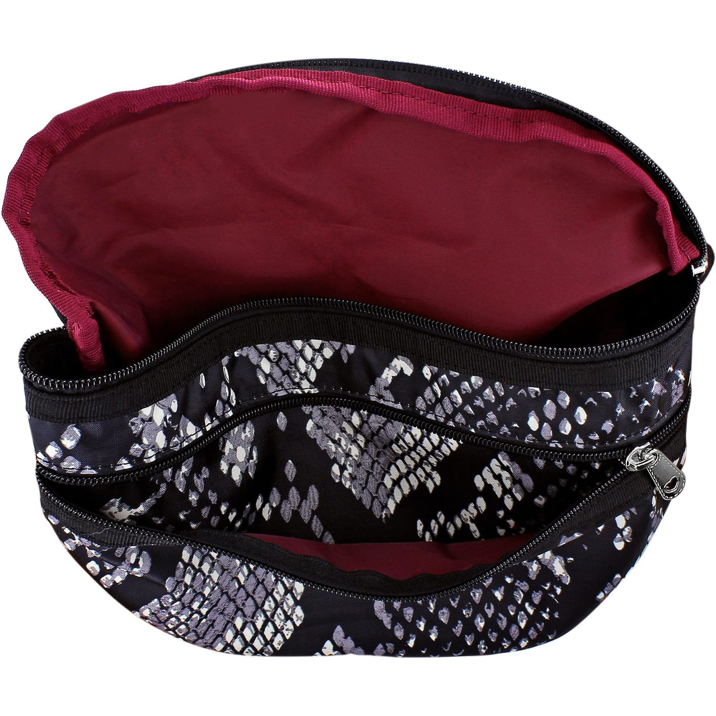 Brighton cosmetic bag shown open with burgundy interior lining and black snakeskin print exterior on a white background