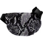 Brighton belt bag with black, white, and gray snakeskin print and black buckle strap on a white background